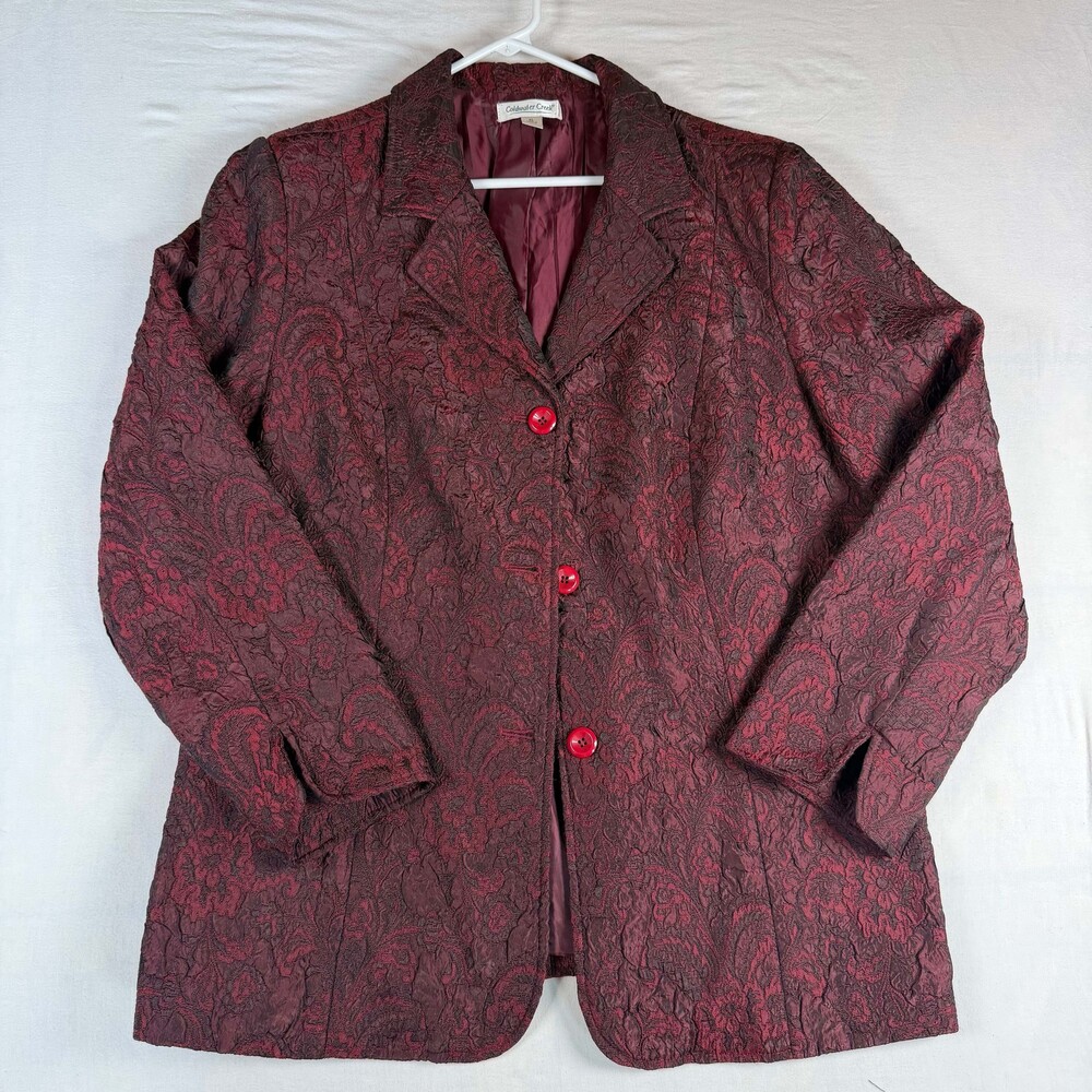 Coldwater Creek XL Burgundy Red Jacquard Floral Brocade Blazer Jacket Textured L